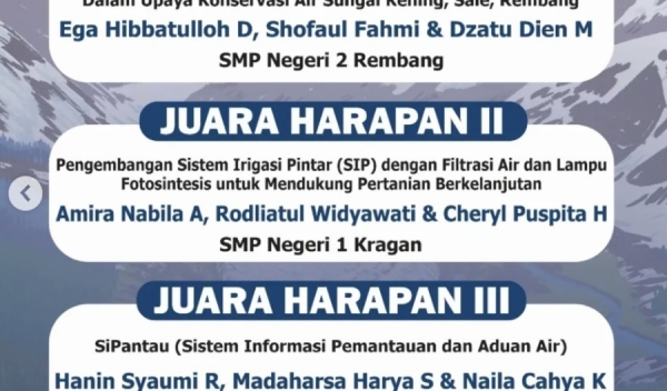SMP Negeri 1 Kragan berhasil meraih Juara Harapan II Lomba Karya Tulis Ilmiah Remaja (KIR) SMP Tingkat Provinsi Jawa Tengah